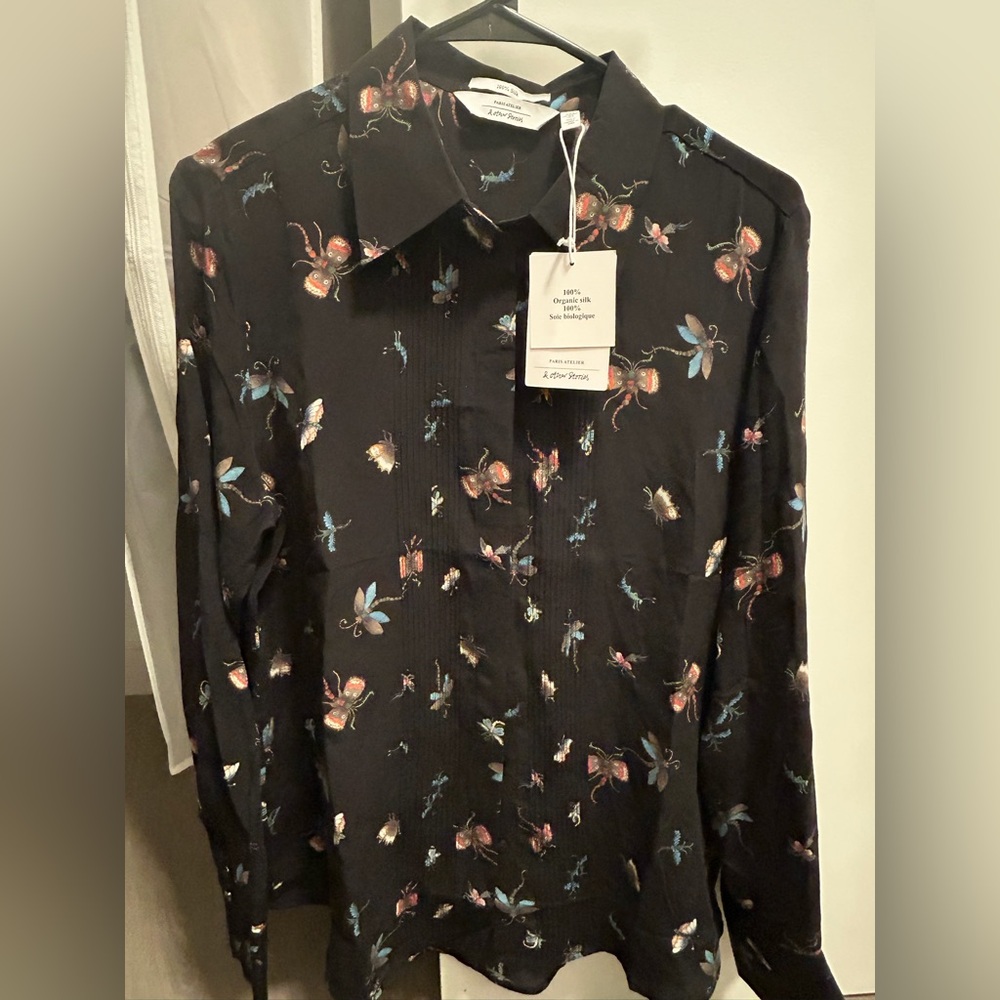 &Other Stories pintuck floral insect print 100% silk button down shirt blouse - Picture 2 of 3